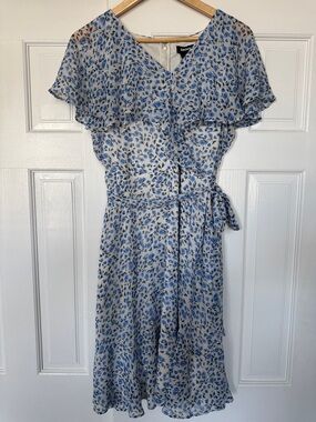 DKNY Blue and White Floral V-Neck Ruffle Midi Dress